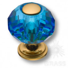 Ручка кнопка, латунь с голубым кристаллом, глянцевое золото