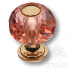 Ручка кнопка, латунь с розовым кристаллом, глянцевое золото