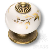 Ручка кнопка керамика с металлом, цвет белый с золотым орнаментом
