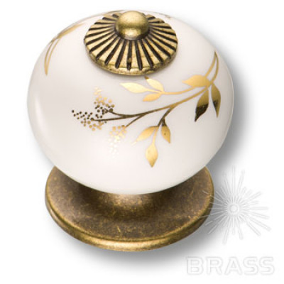 Ручка кнопка керамика с металлом, цвет белый с золотым орнаментом