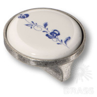 Ручка кнопка керамика с металлом, синий цветочный орнамент старое серебро 32 мм