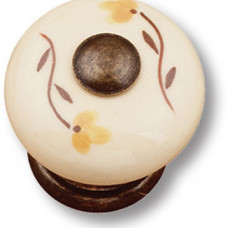 Ручка кнопка керамика с металлом, коричневые цветы на молочном фоне