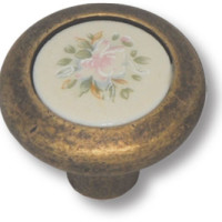 Ручка кнопка керамика с цветочным орнаментом, старая бронза