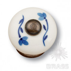 Ручка кнопка керамика с металлом, голубые цветы на белом фоне