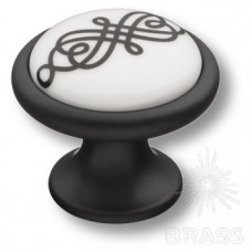 Ручка кнопка керамика с металлом, белый с орнаментом/чёрный