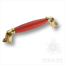 Ручка скоба керамика с металлом, красный/глянцевое золото 128 мм