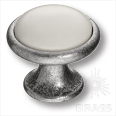Ручка кнопка керамика с металлом, белый/старое серебро