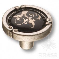 Ручка кнопка керамика с металлом, цветочный орнамент старое серебро
