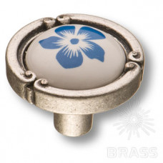 Ручка кнопка керамика с металлом, цветочный орнамент старое серебро