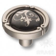 Ручка кнопка керамика с металлом, цветочный орнамент матовый никель