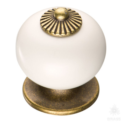 Ручка кнопка керамика с металлом, белый/старая бронза